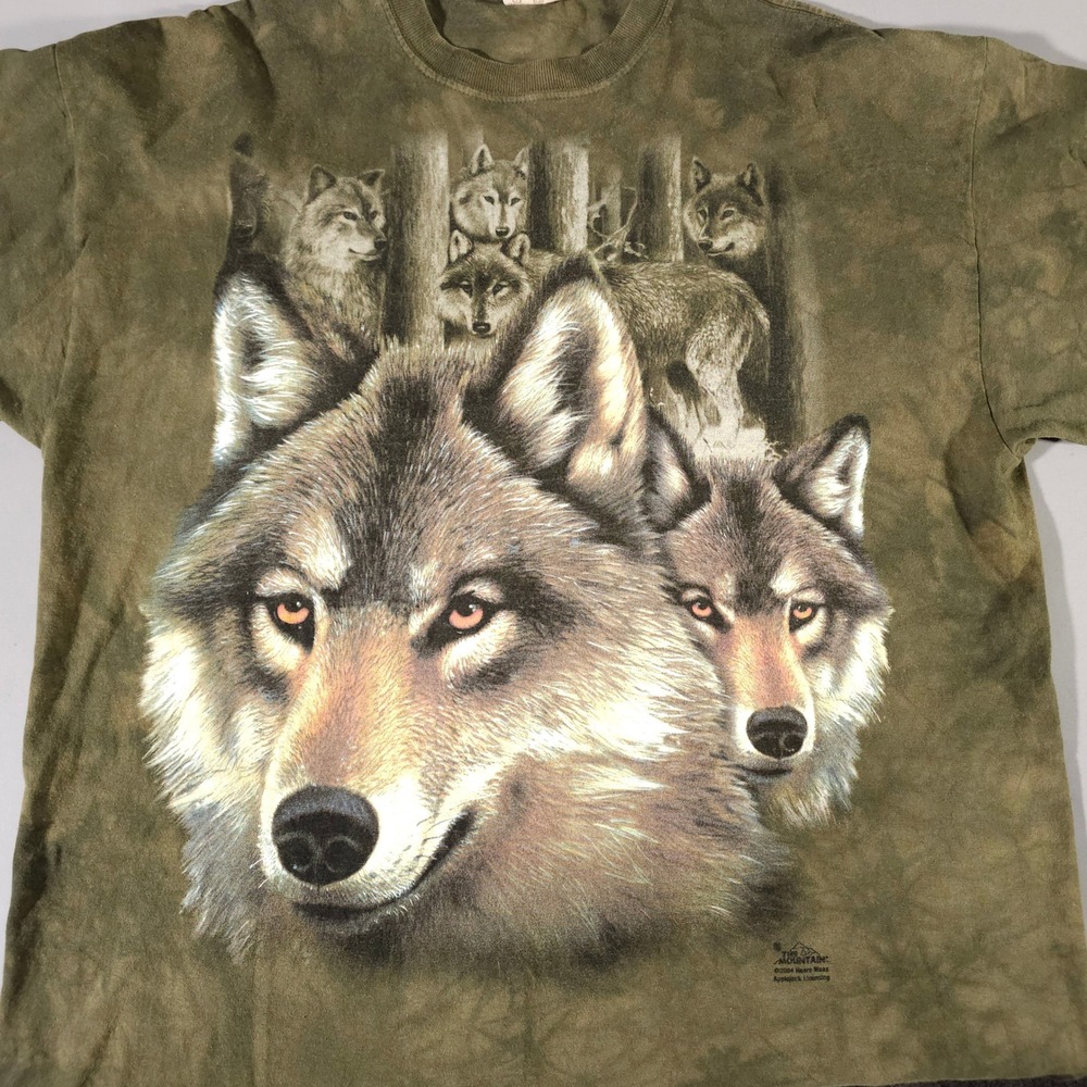 The Mountain T-Shirt Mens XL Green Wolf Pack Alaska Graphic Tie Dye 2006 Vintage